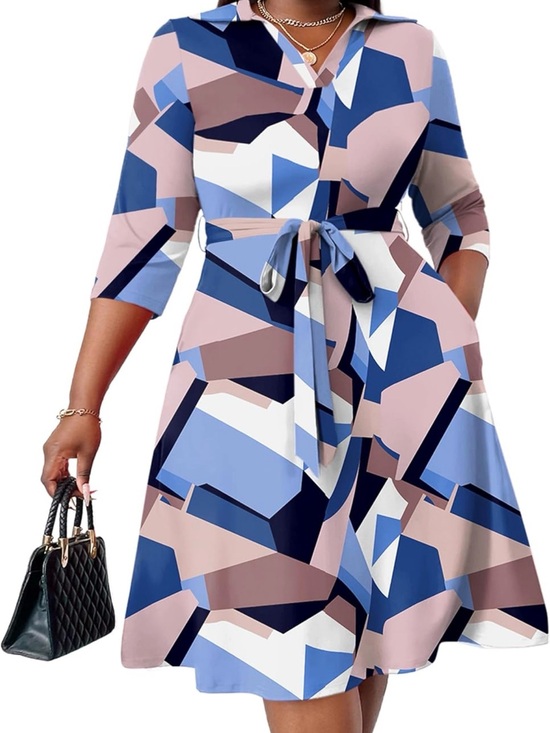 FANDEE Dresses & Skirts - FANDEE Geometric Print Blue & Pink Tie-Waist A-Line Dress